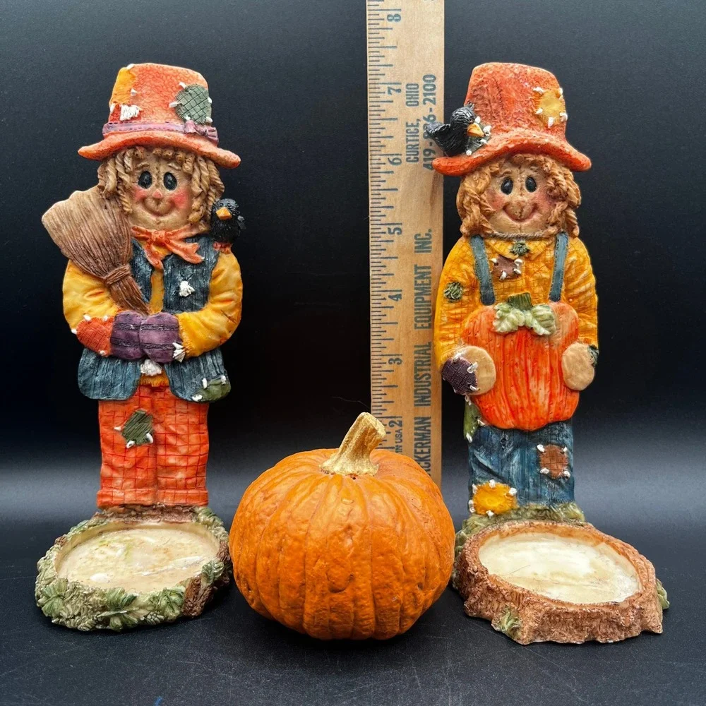 Resin Scarecrow Tea Light Candle Holder Set w/ Pumpkin Fall Harvest Decor 3pc